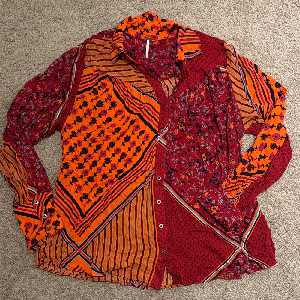 Free People Red and Orange Patchwork Button Down Shirt